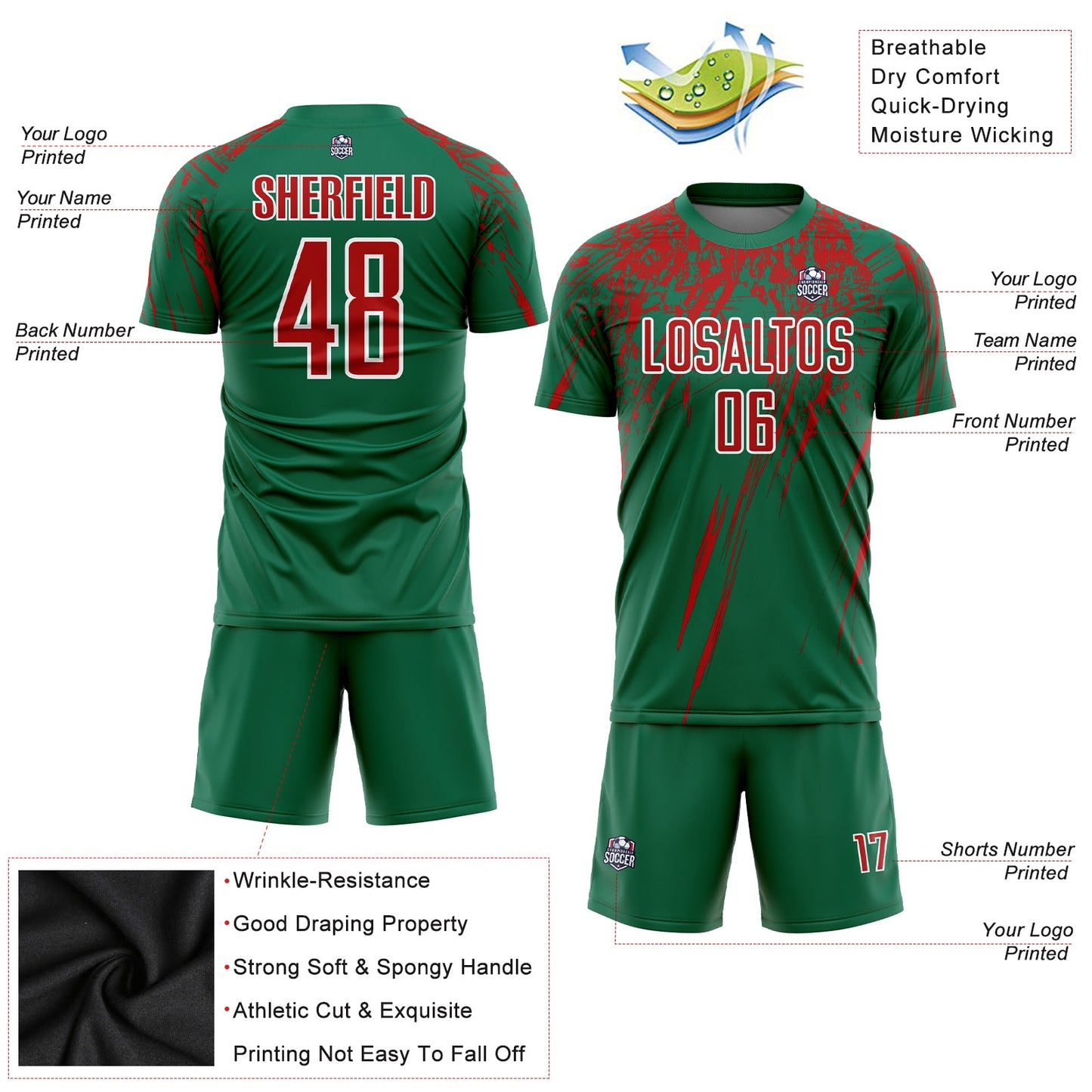 Custom Kelly Green Red-White Sublimation Soccer Uniform Jersey - Sky-Custom
