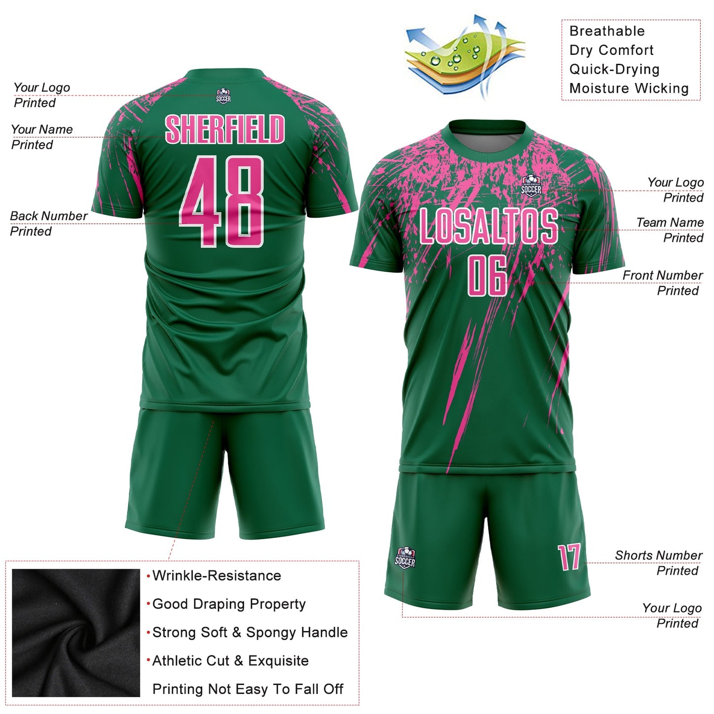 Custom Kelly Green Pink-White Sublimation Soccer Uniform Jersey - Sky-Custom