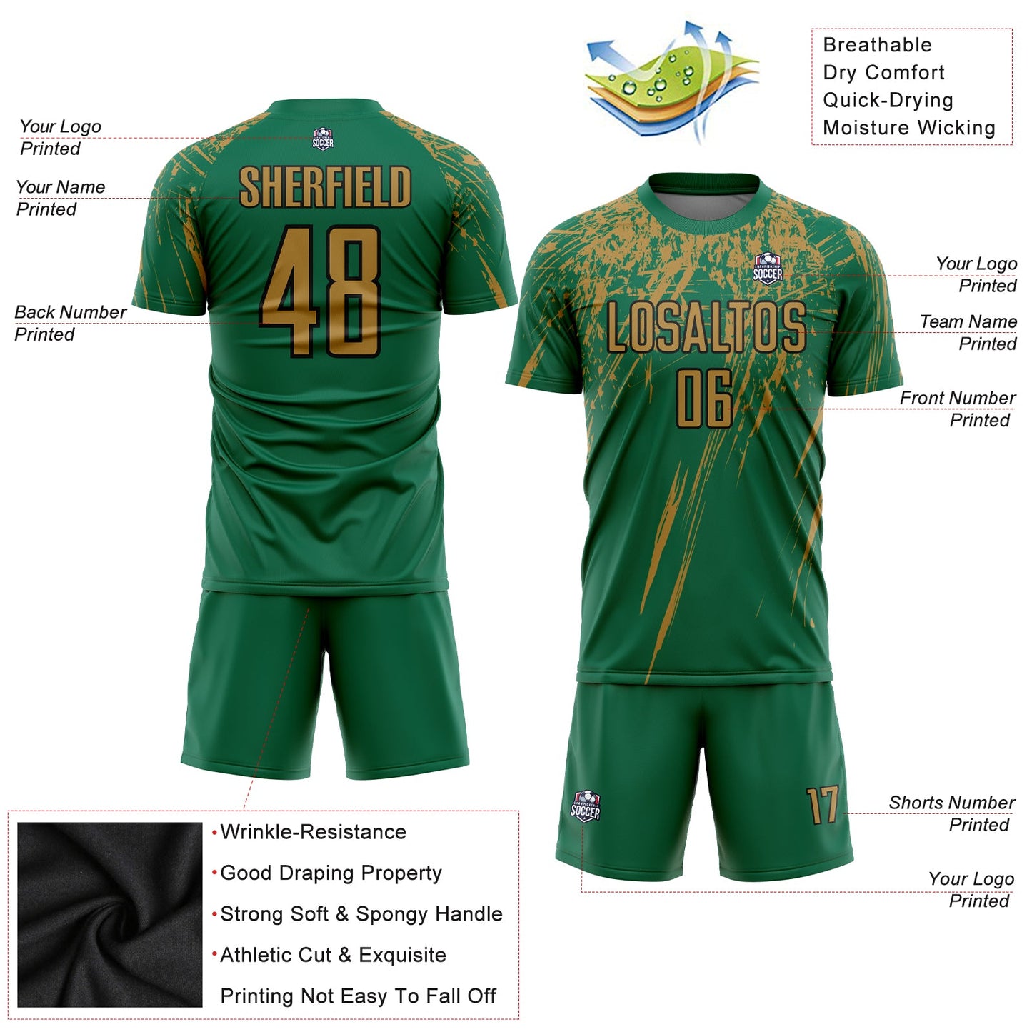 Custom Kelly Green Old Gold-Black Sublimation Soccer Uniform Jersey - Sky-Custom
