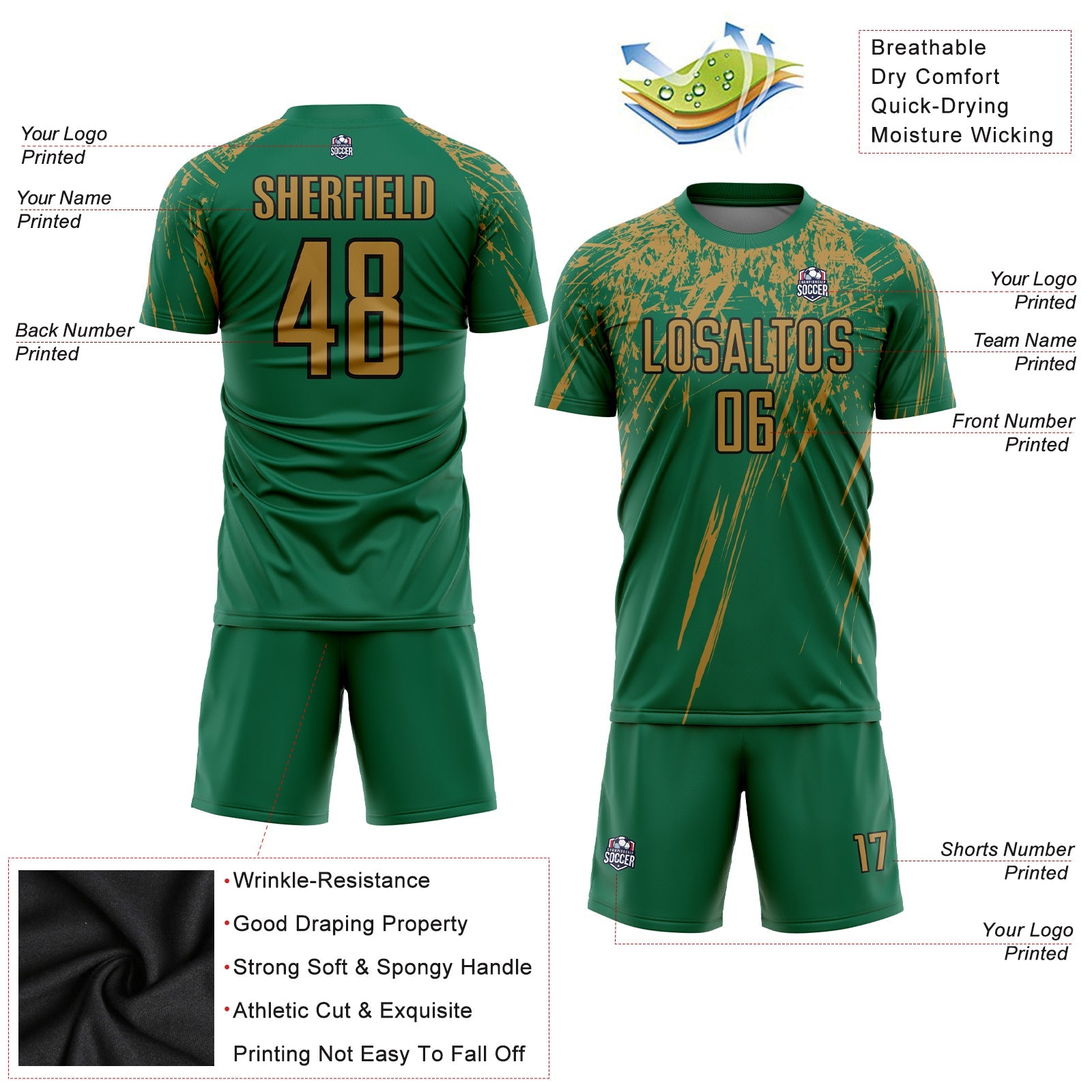 Custom Kelly Green Old Gold-Black Sublimation Soccer Uniform Jersey - Sky-Custom