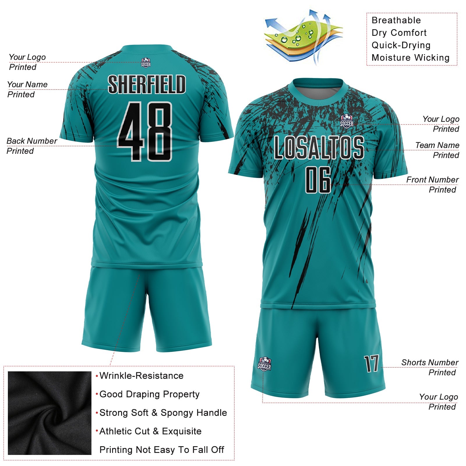 Custom Teal Black-White Sublimation Soccer Uniform Jersey - Sky-Custom