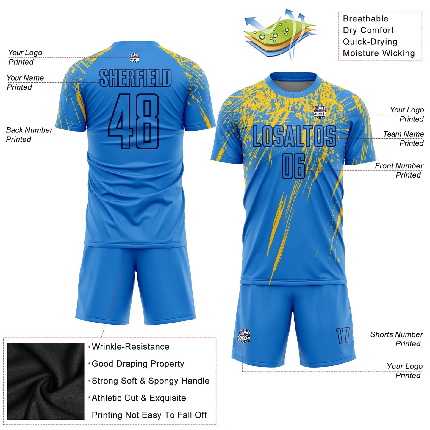 Custom Powder Blue Yellow-Navy Sublimation Soccer Uniform Jersey - Sky-Custom
