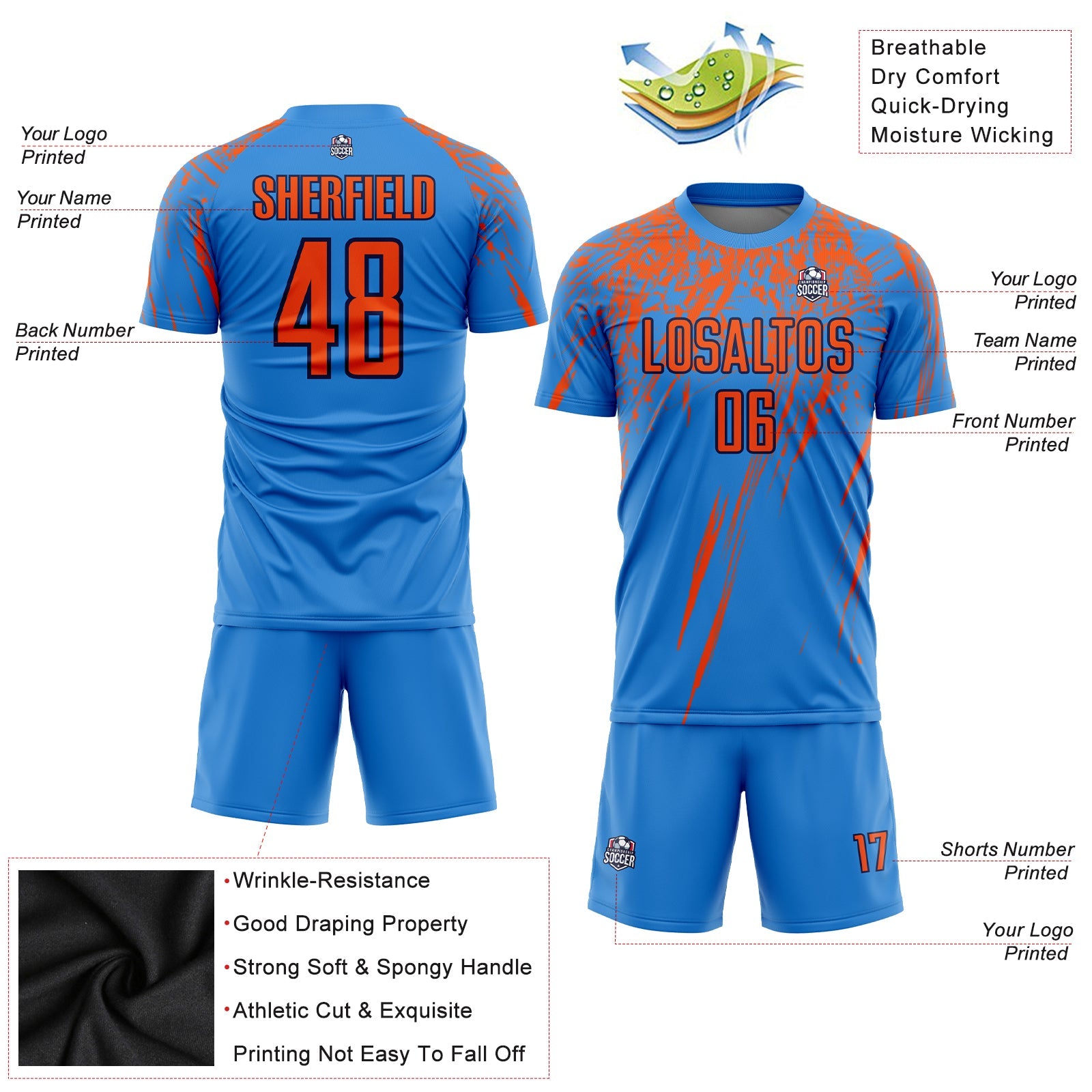 Custom Powder Blue Orange-Navy Sublimation Soccer Uniform Jersey - Sky-Custom