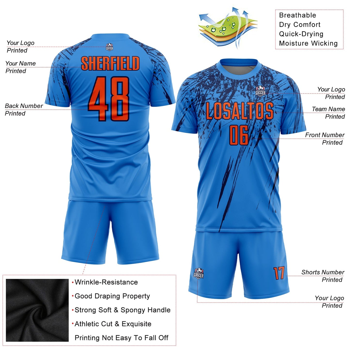 Custom Powder Blue Orange-Navy Sublimation Soccer Uniform Jersey - Sky-Custom