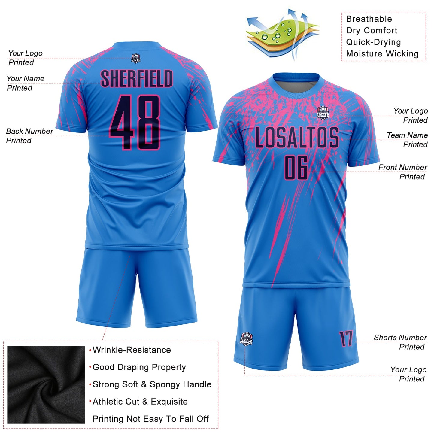 Custom Powder Blue Navy-Pink Sublimation Soccer Uniform Jersey - Sky-Custom