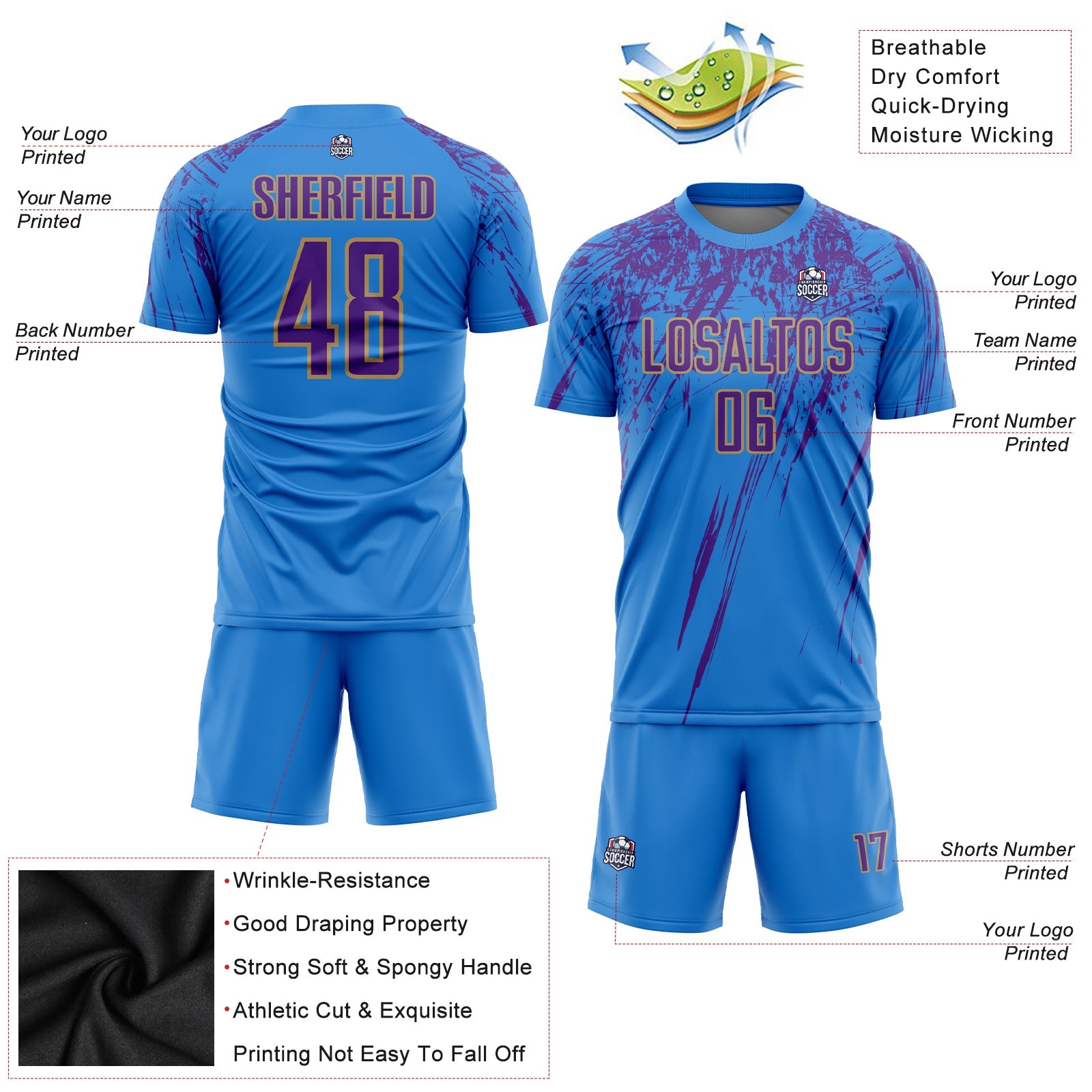Custom Powder Blue Purple-Old Gold Sublimation Soccer Uniform Jersey - Sky-Custom