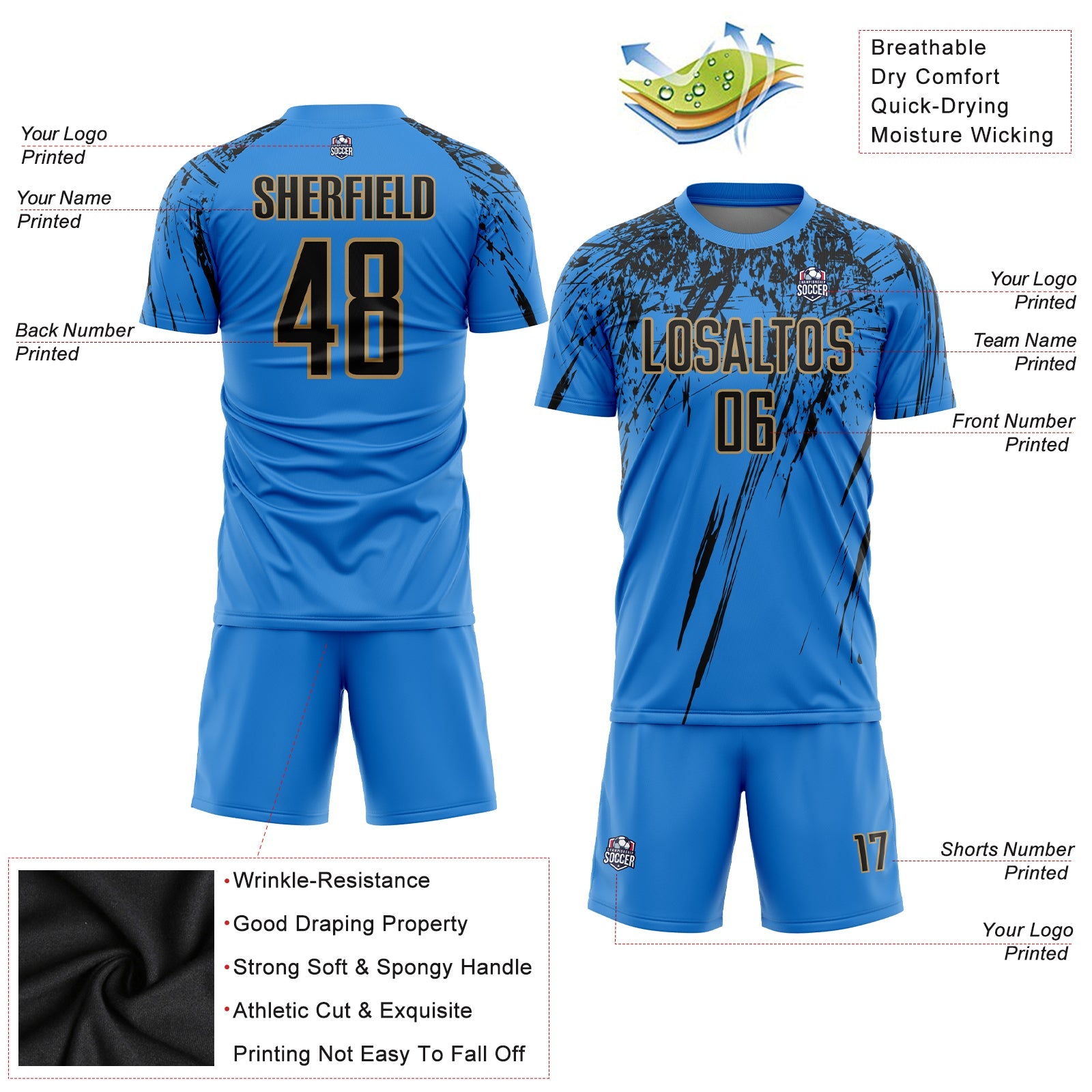 Custom Powder Blue Black-Old Gold Sublimation Soccer Uniform Jersey - Sky-Custom