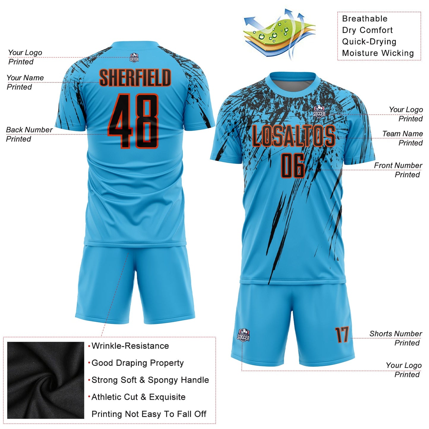 Custom Sky Blue Black-Orange Sublimation Soccer Uniform Jersey - Sky-Custom