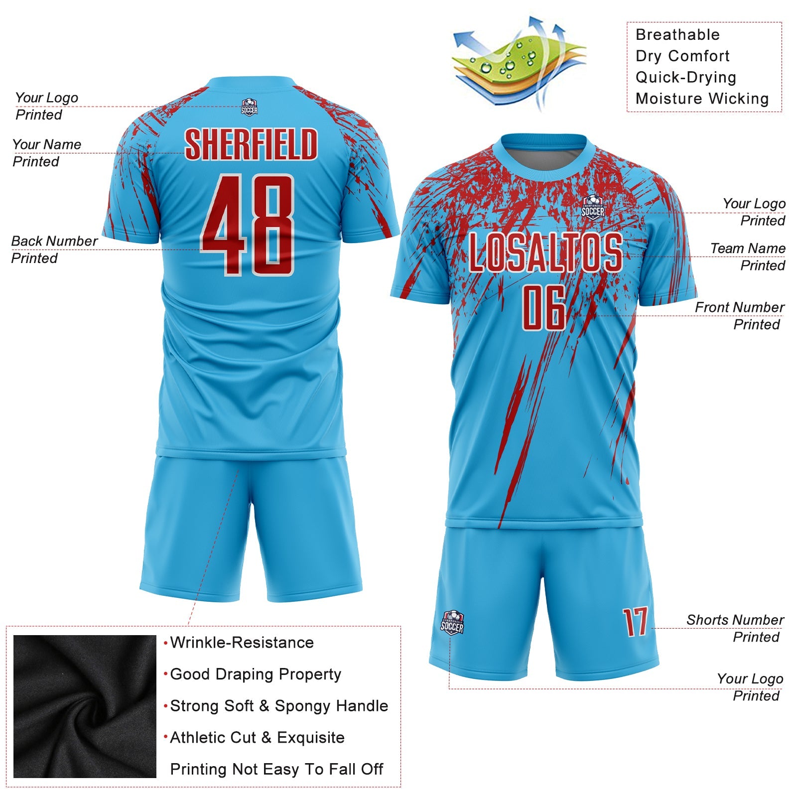 Custom Sky Blue Red-White Sublimation Soccer Uniform Jersey - Sky-Custom