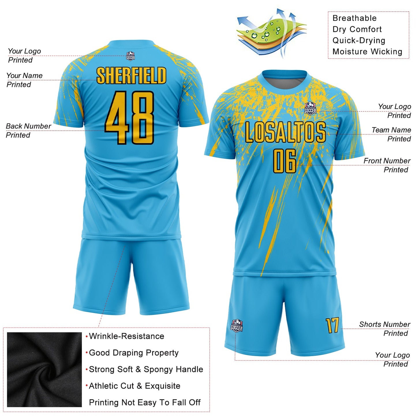 Custom Sky Blue Yellow-Black Sublimation Soccer Uniform Jersey - Sky-Custom