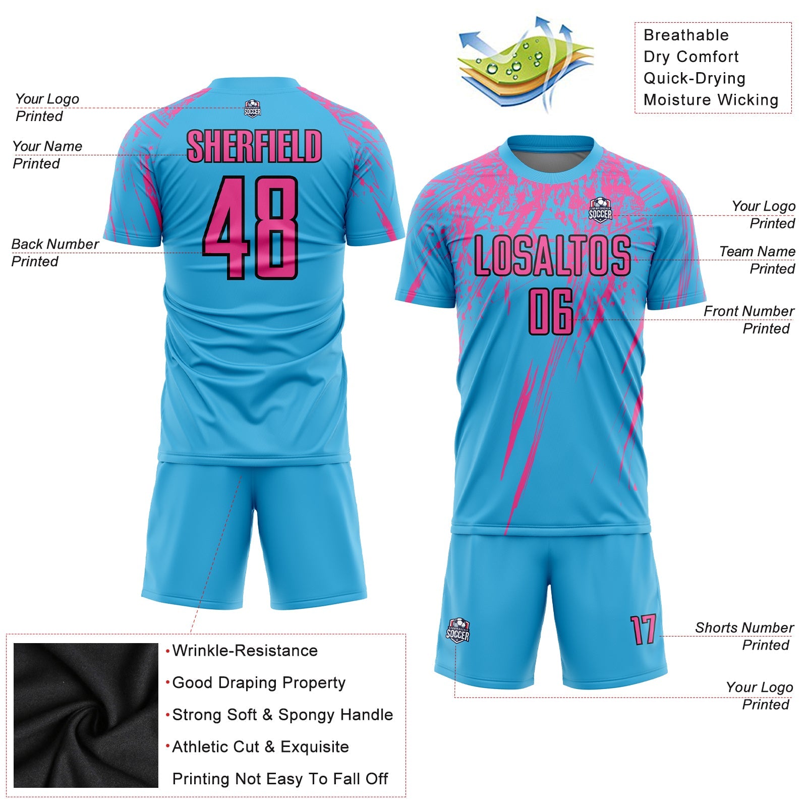Custom Sky Blue Pink-Black Sublimation Soccer Uniform Jersey - Sky-Custom