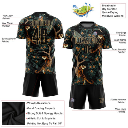 Custom Black Old Gold Tiger And Peacock Sublimation Soccer Uniform Jersey - Sky-Custom
