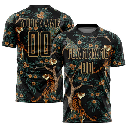 Custom Black Old Gold Tiger And Peacock Sublimation Soccer Uniform Jersey - Sky-Custom