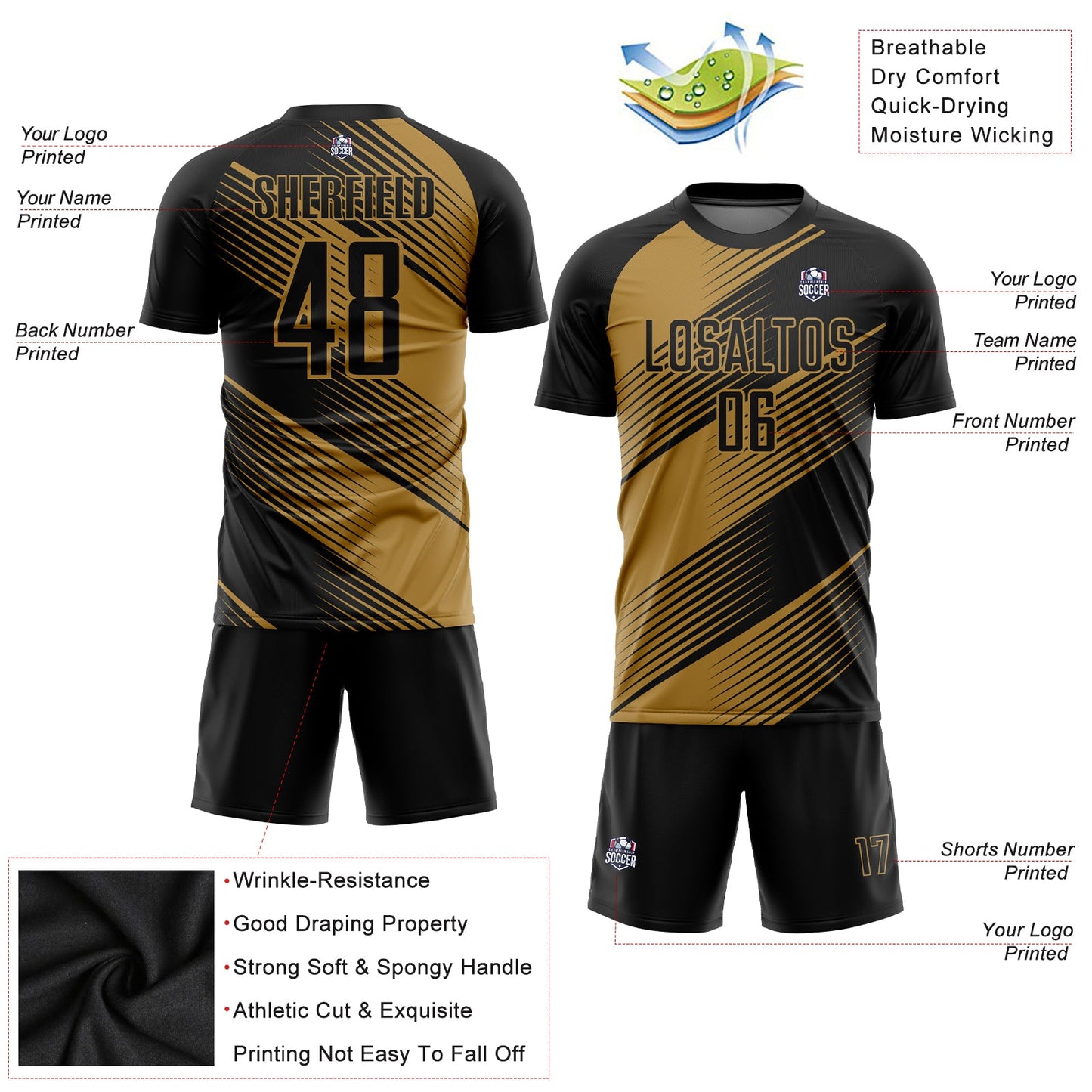Custom Old Gold Black Sublimation Soccer Uniform Jersey - Sky-Custom