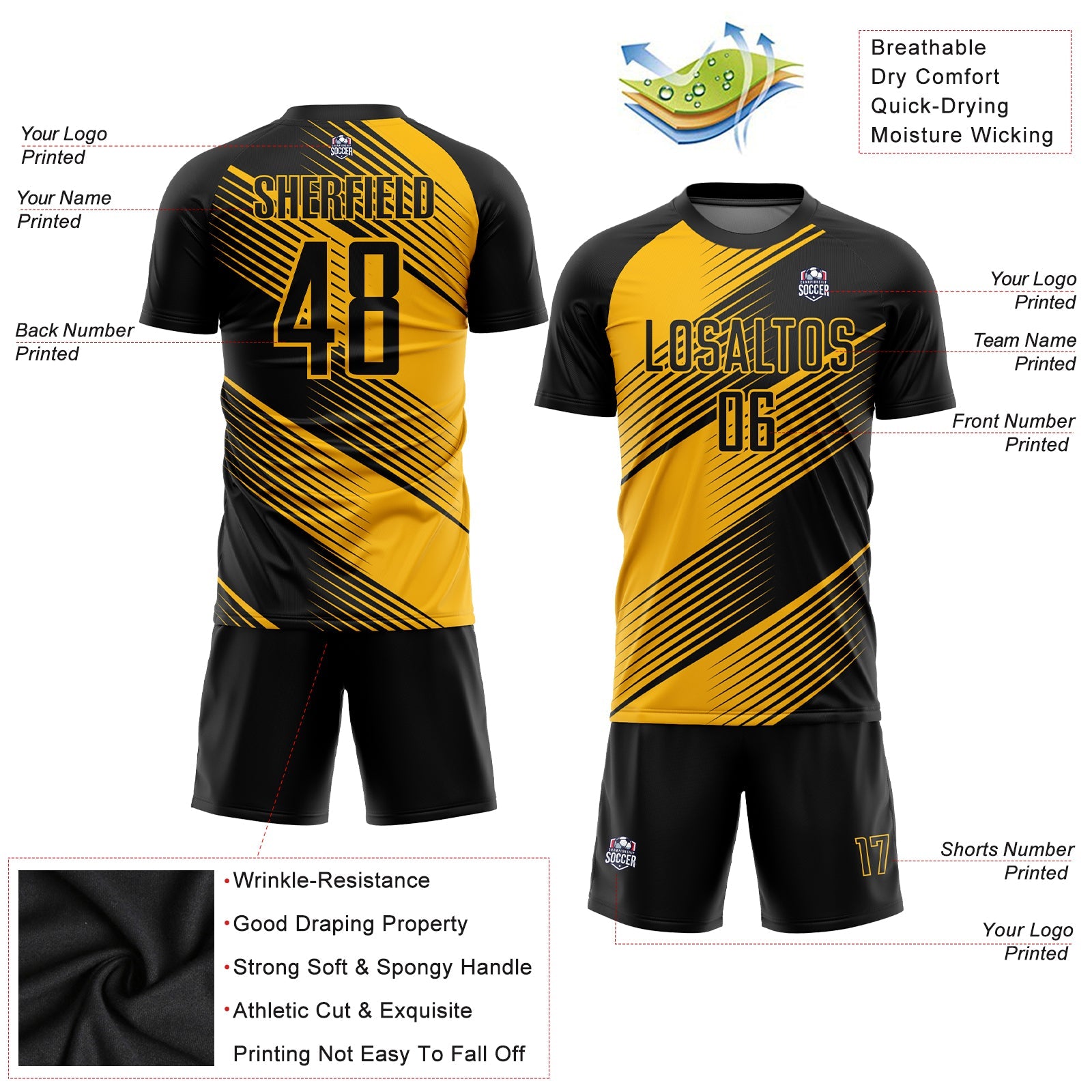 Custom Gold Black Sublimation Soccer Uniform Jersey - Sky-Custom