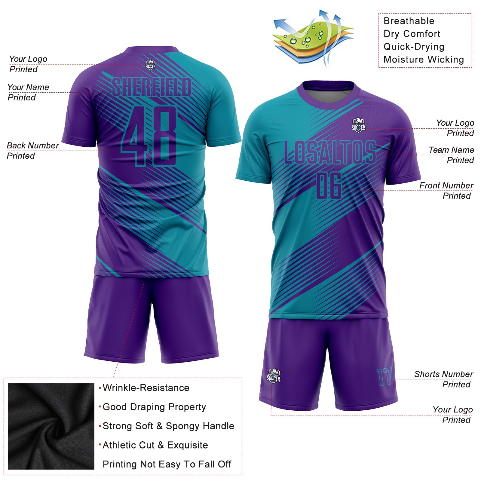 Custom Teal Purple Sublimation Soccer Uniform Jersey - Sky-Custom