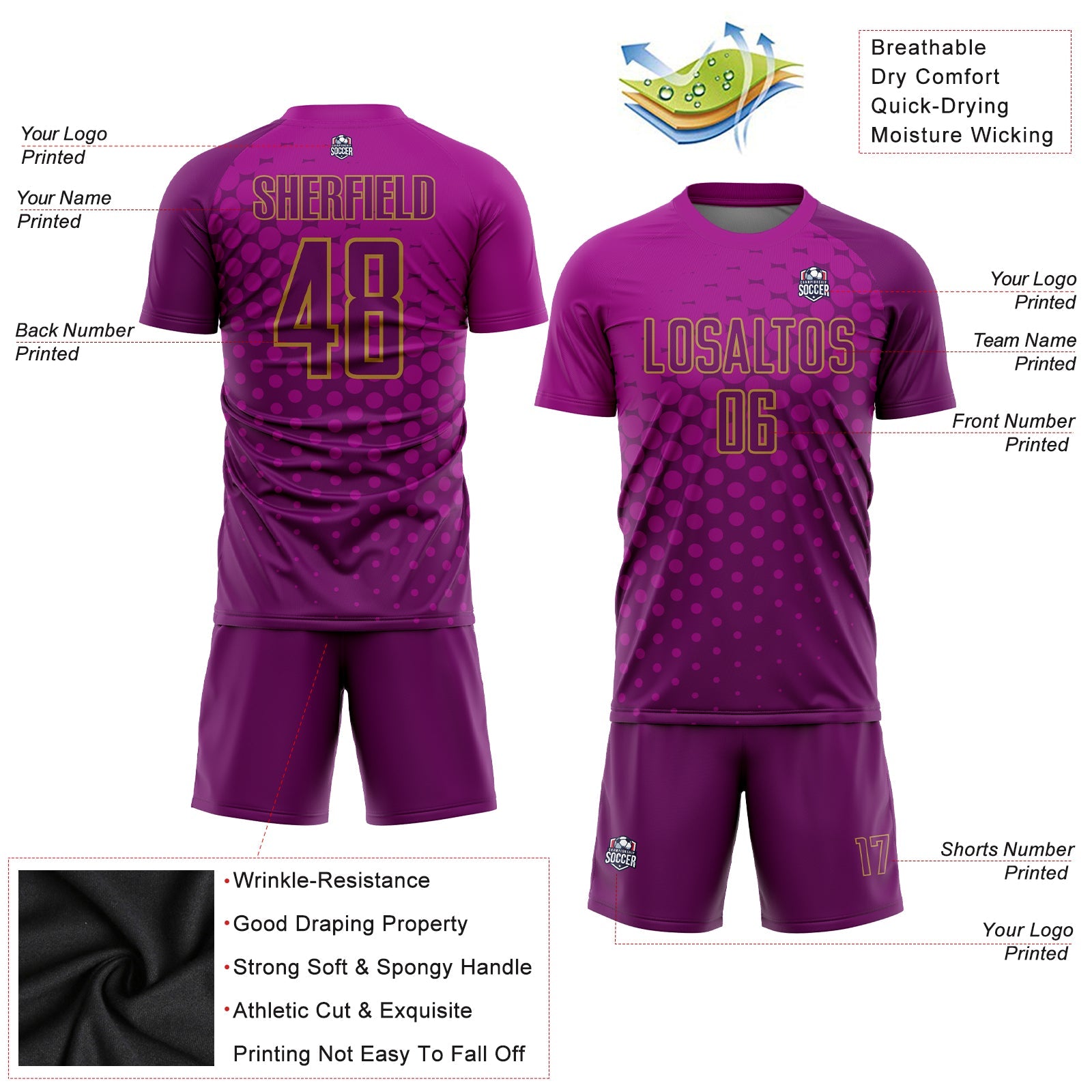 Custom Deep Pink Purple-Old Gold Sublimation Soccer Uniform Jersey - Sky-Custom