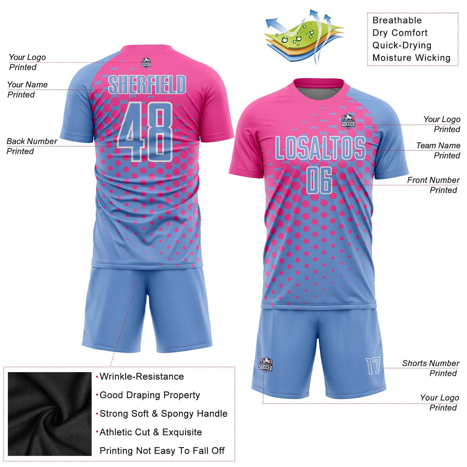 Custom Light Blue Pink-White Sublimation Soccer Uniform Jersey - Sky-Custom