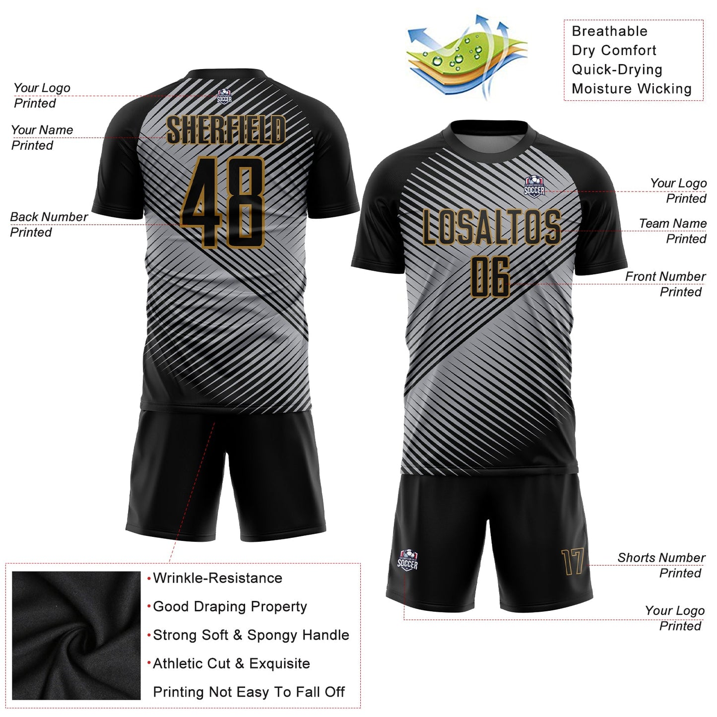 Custom Gray Black-Old Gold Sublimation Soccer Uniform Jersey - Sky-Custom