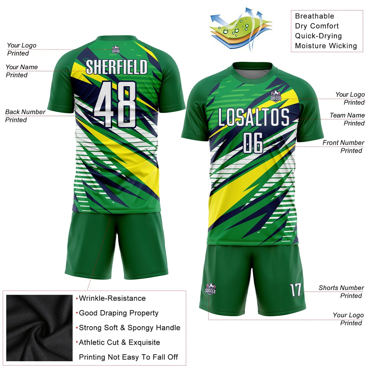 Custom Green White Yellow-Navy Sublimation Soccer Uniform Jersey - Sky-Custom
