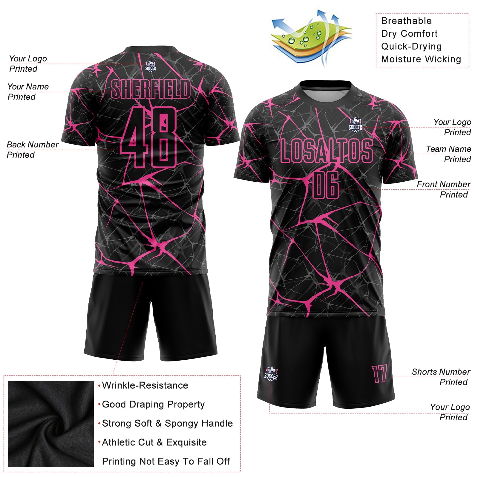Custom Black Pink Sublimation Soccer Uniform Jersey - Sky-Custom