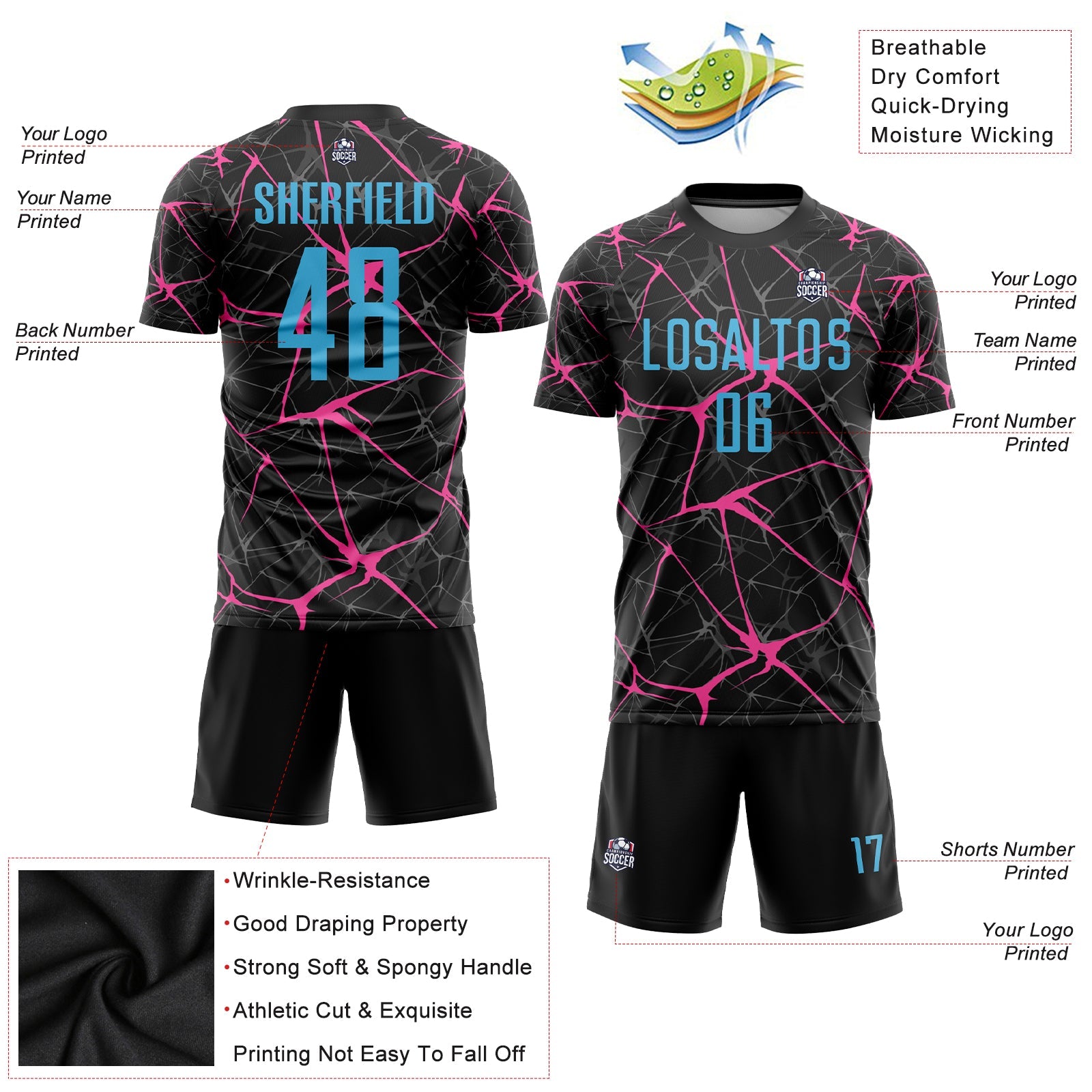 Custom Black Sky Blue-Pink Sublimation Soccer Uniform Jersey - Sky-Custom