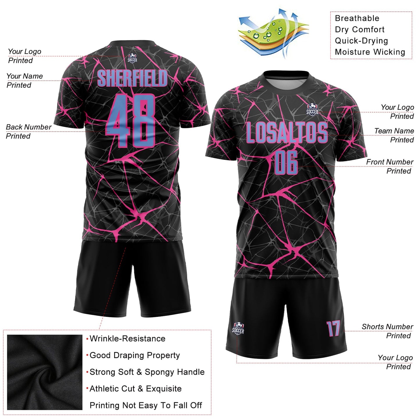 Custom Black Light Blue-Pink Sublimation Soccer Uniform Jersey - Sky-Custom