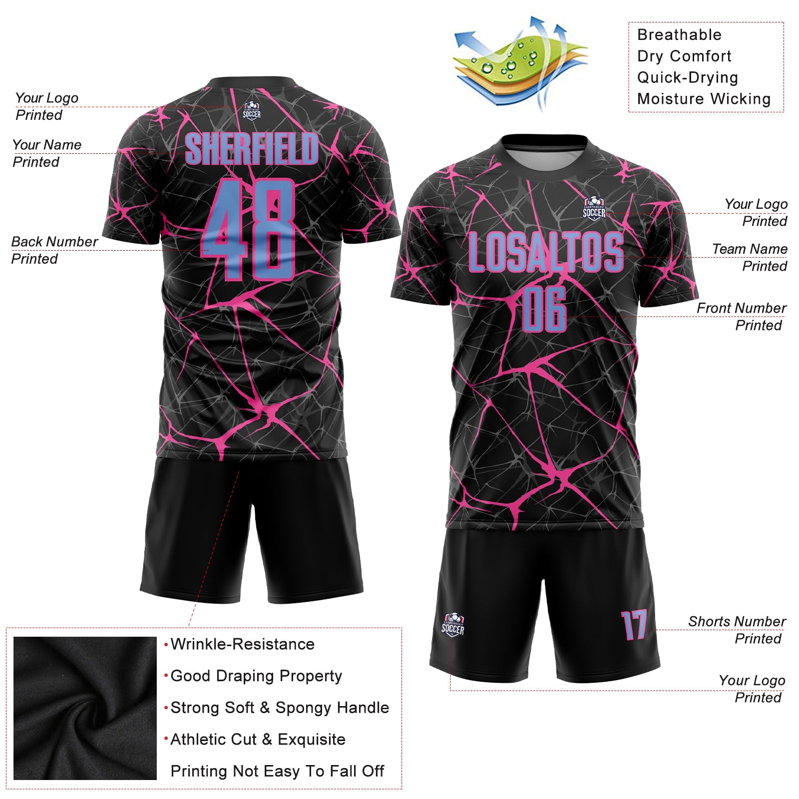 Custom Black Light Blue-Pink Sublimation Soccer Uniform Jersey - Sky-Custom