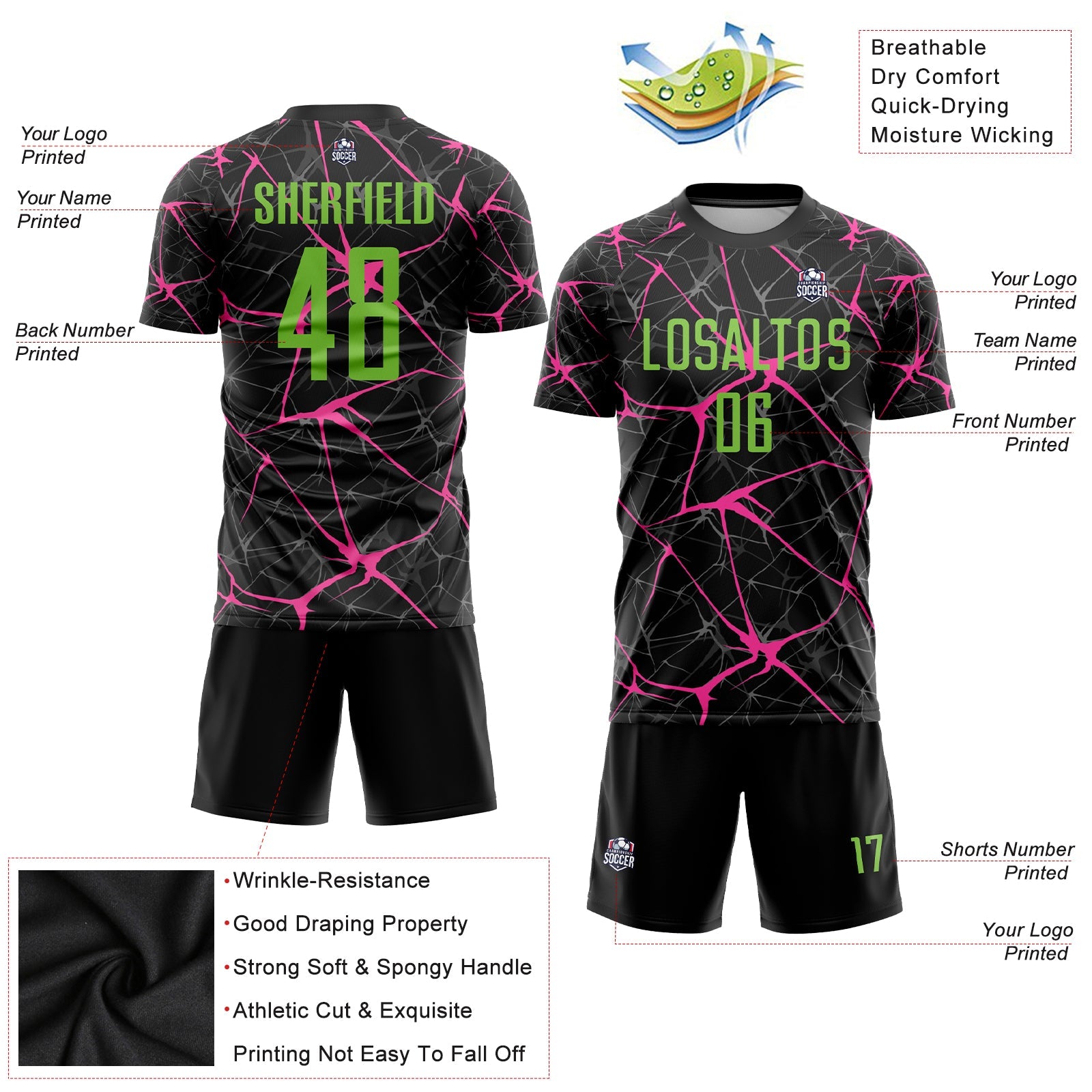 Custom Black Neon Green-Pink Sublimation Soccer Uniform Jersey - Sky-Custom