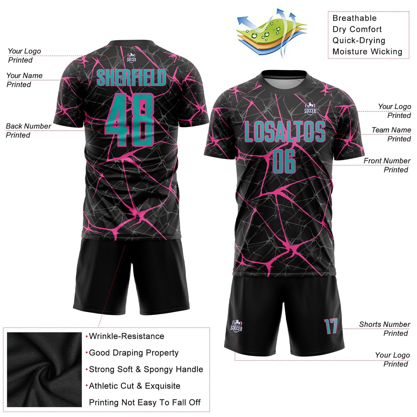 Custom Black Aqua-Pink Sublimation Soccer Uniform Jersey - Sky-Custom