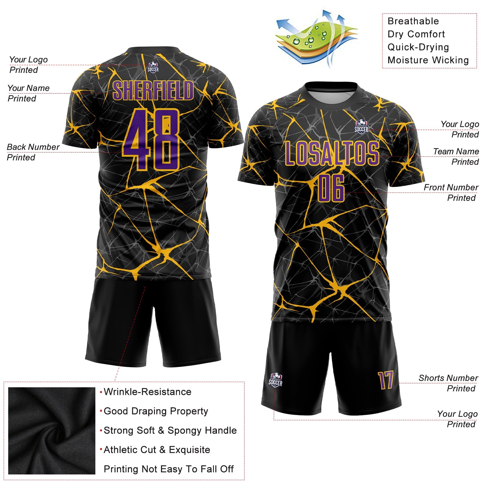 Custom Black Purple-Gold Sublimation Soccer Uniform Jersey - Sky-Custom