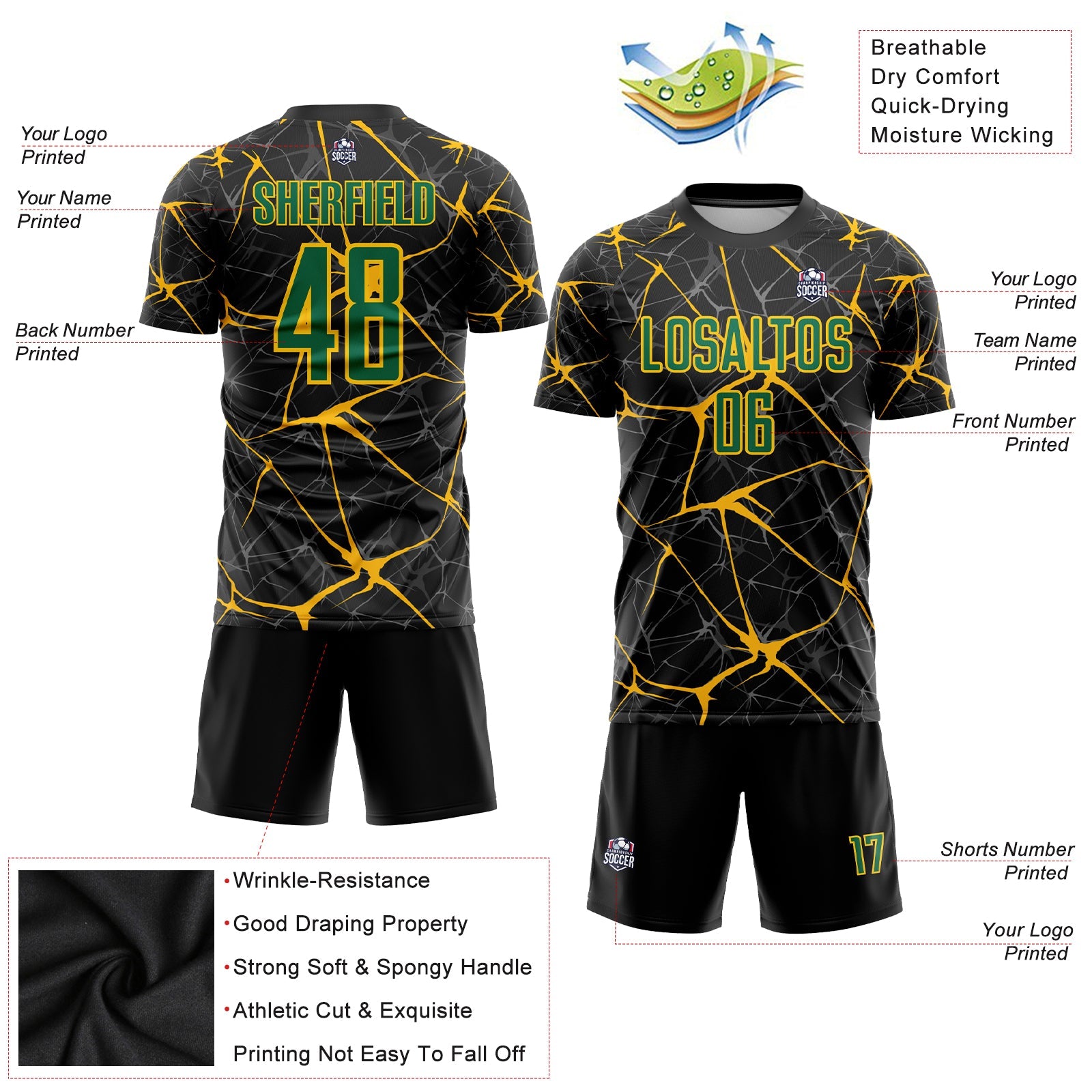 Custom Black Kelly Green-Gold Sublimation Soccer Uniform Jersey - Sky-Custom