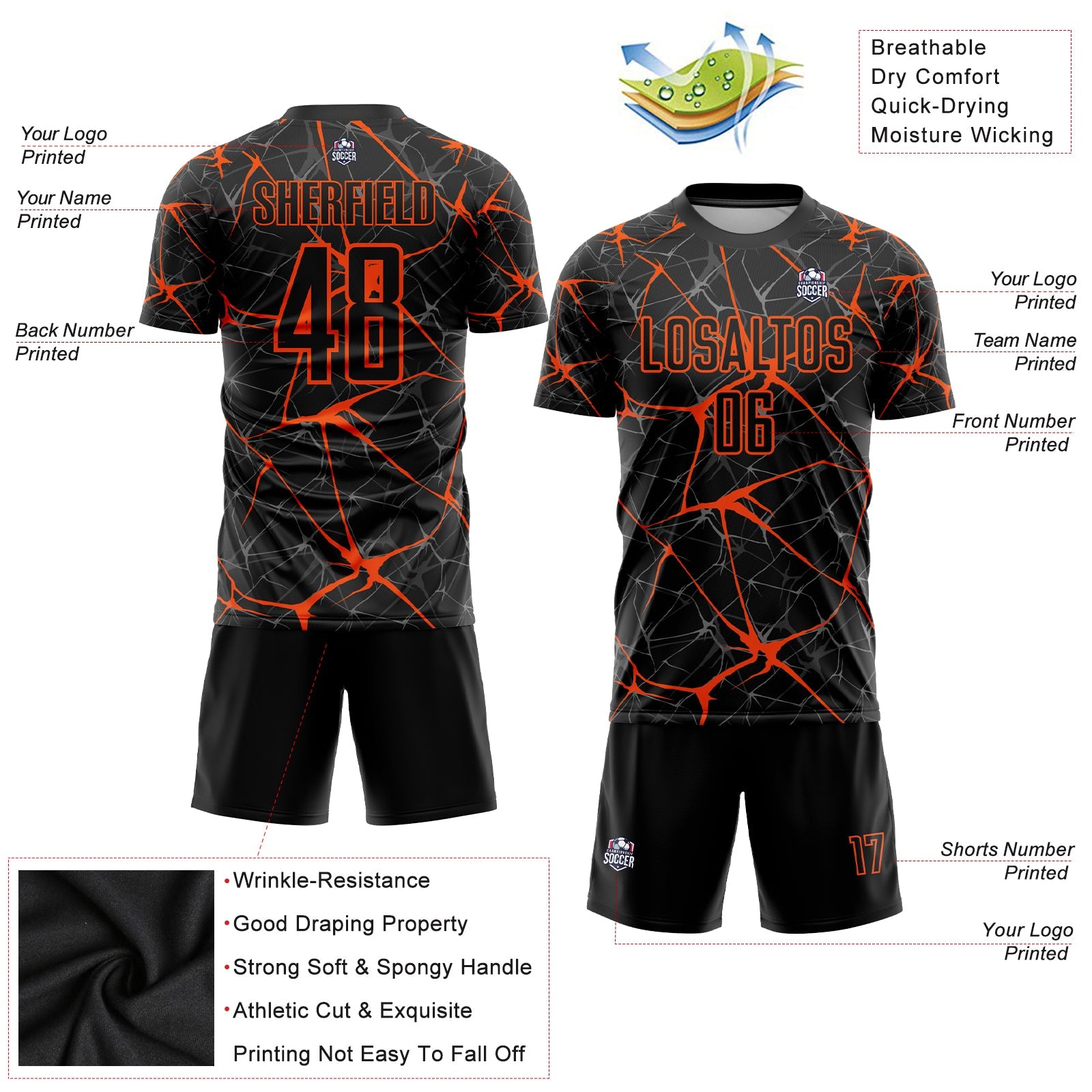 Custom Black Orange Sublimation Soccer Uniform Jersey - Sky-Custom