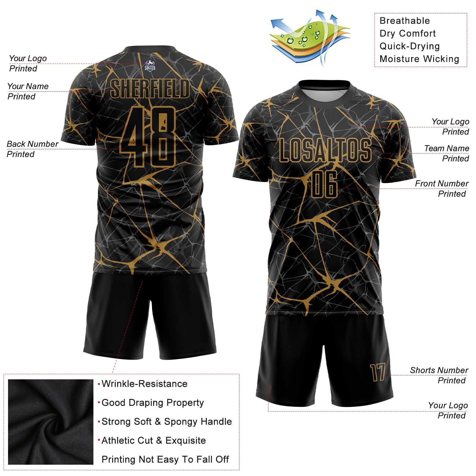 Custom Black Old Gold Sublimation Soccer Uniform Jersey - Sky-Custom