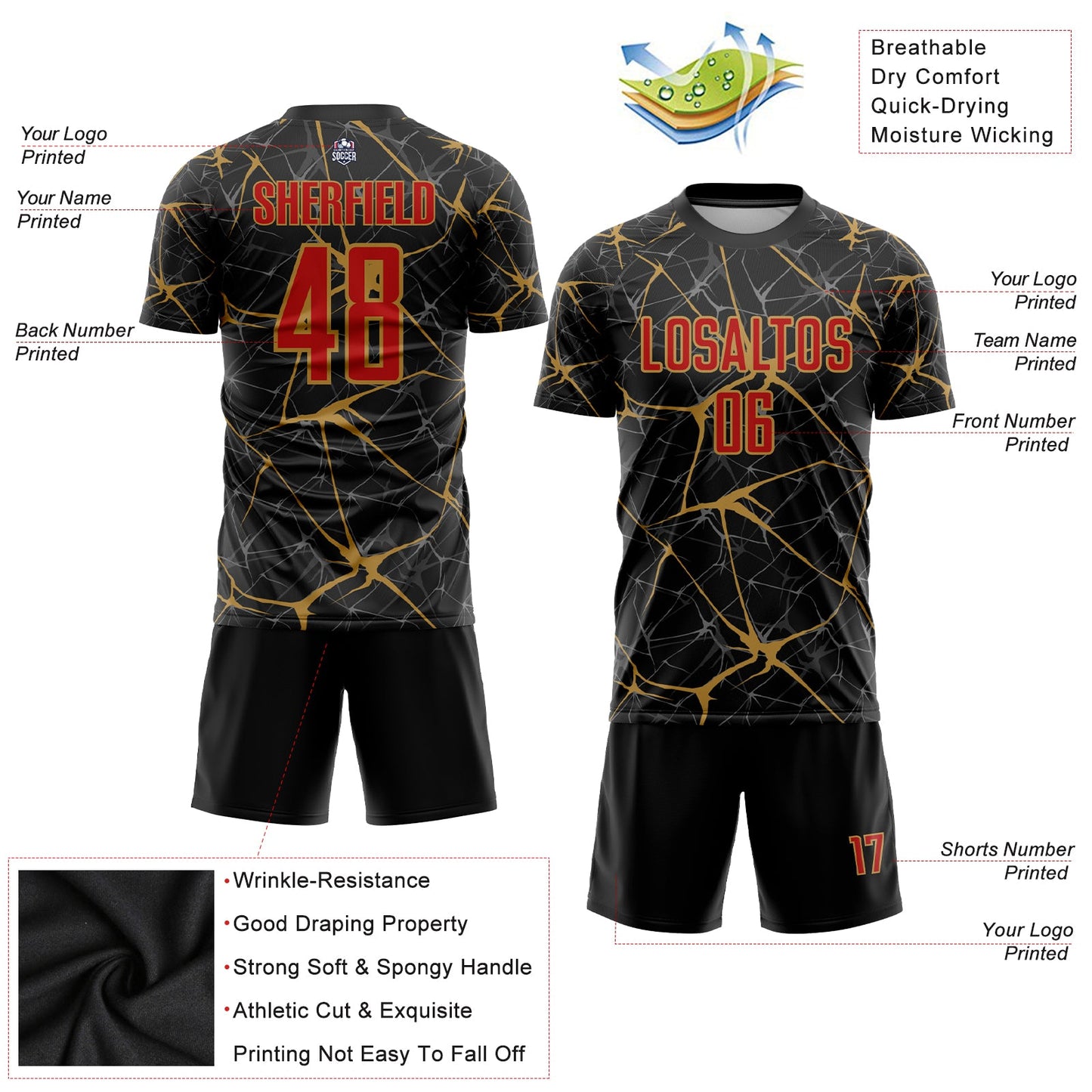 Custom Black Red-Old Gold Sublimation Soccer Uniform Jersey - Sky-Custom