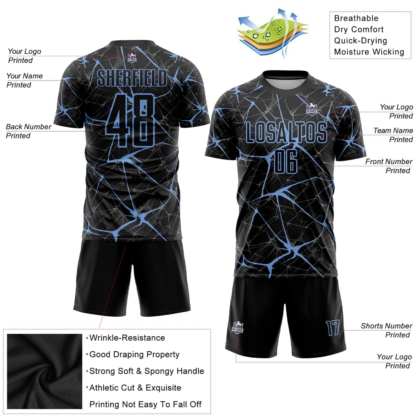 Custom Black Light Blue Sublimation Soccer Uniform Jersey - Sky-Custom