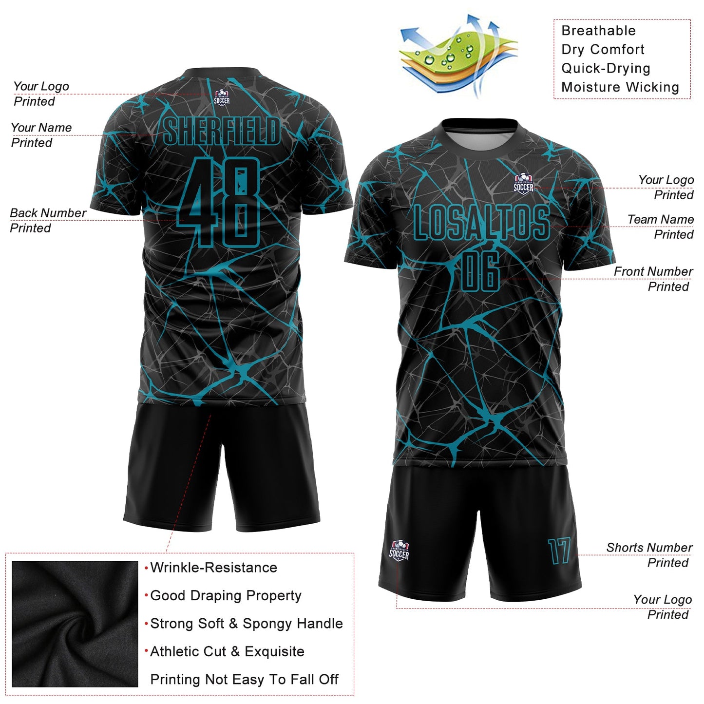Custom Black Teal Sublimation Soccer Uniform Jersey - Sky-Custom