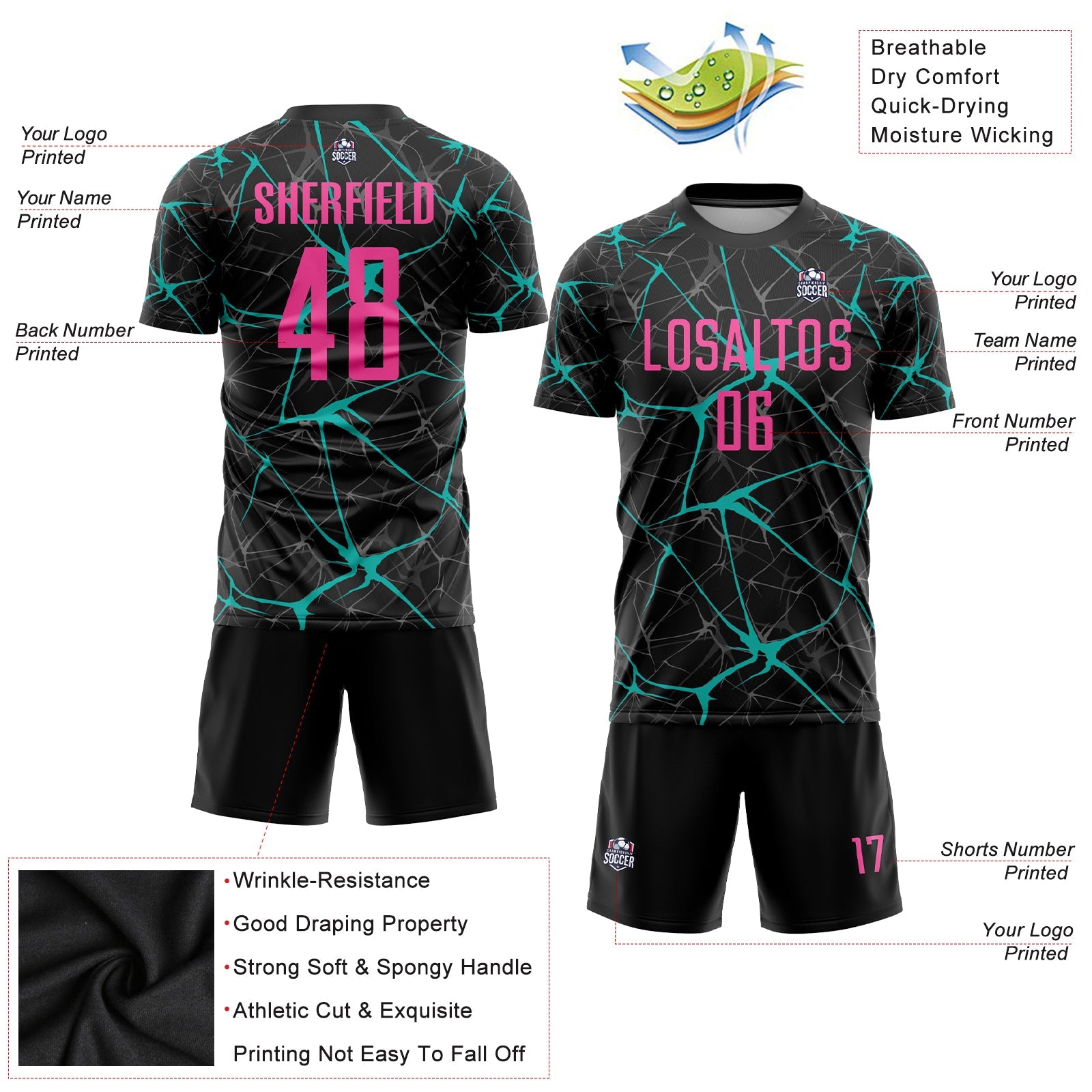 Custom Black Pink-Aqua Sublimation Soccer Uniform Jersey - Sky-Custom