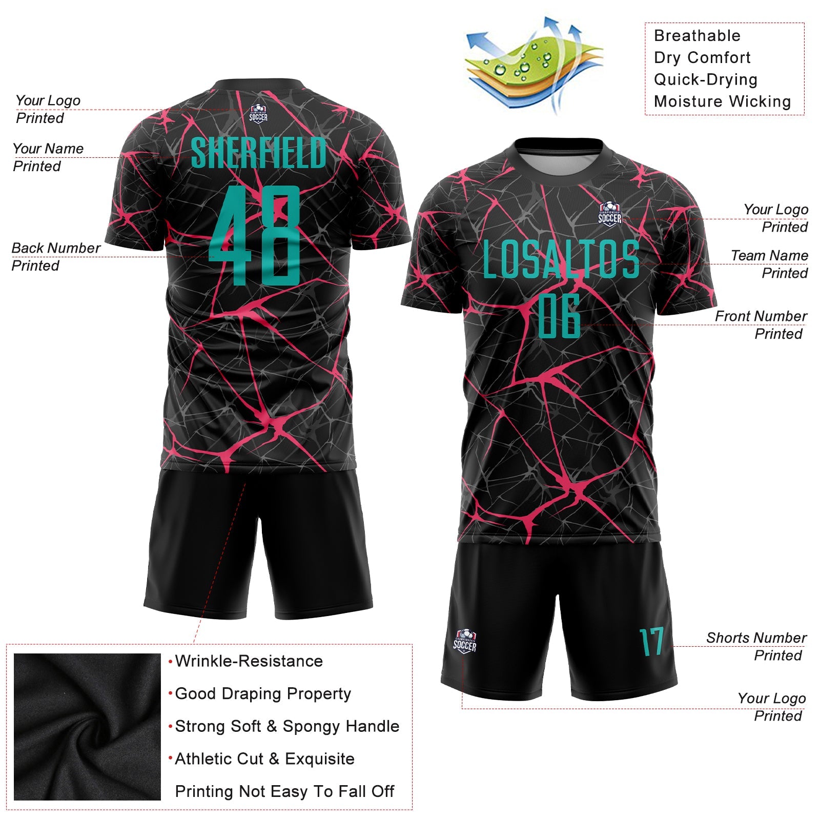 Custom Black Aqua-Neon Pink Sublimation Soccer Uniform Jersey - Sky-Custom