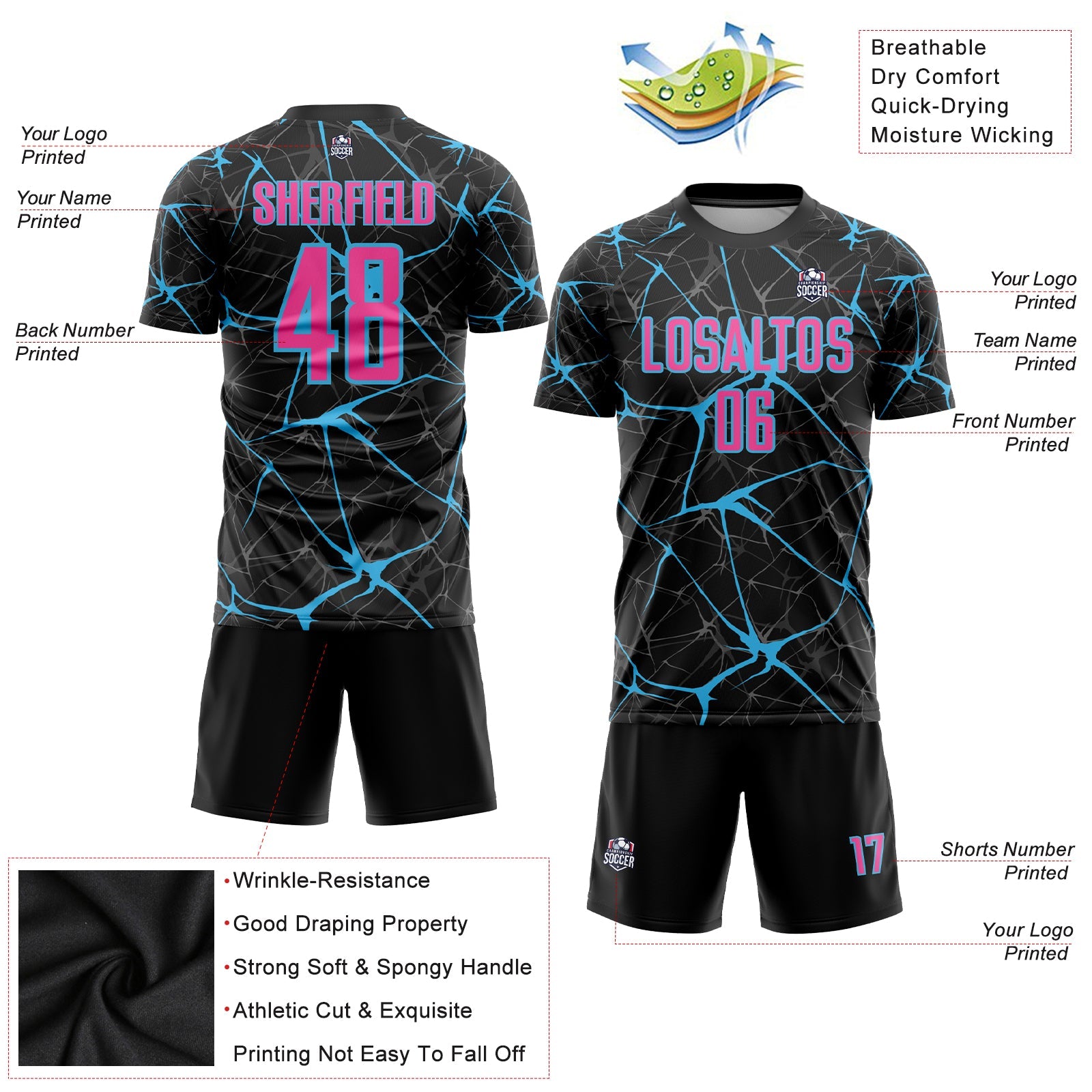Custom Black Pink-Sky Blue Sublimation Soccer Uniform Jersey - Sky-Custom