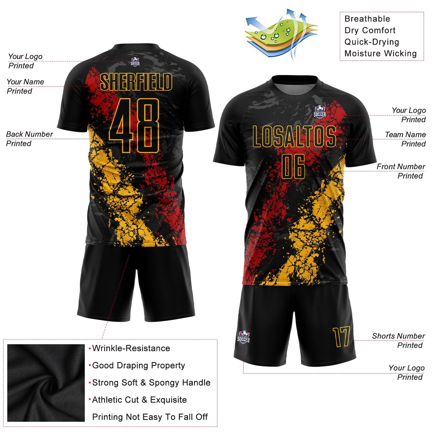 Custom Black Gold-Red Sublimation Soccer Uniform Jersey - Sky-Custom