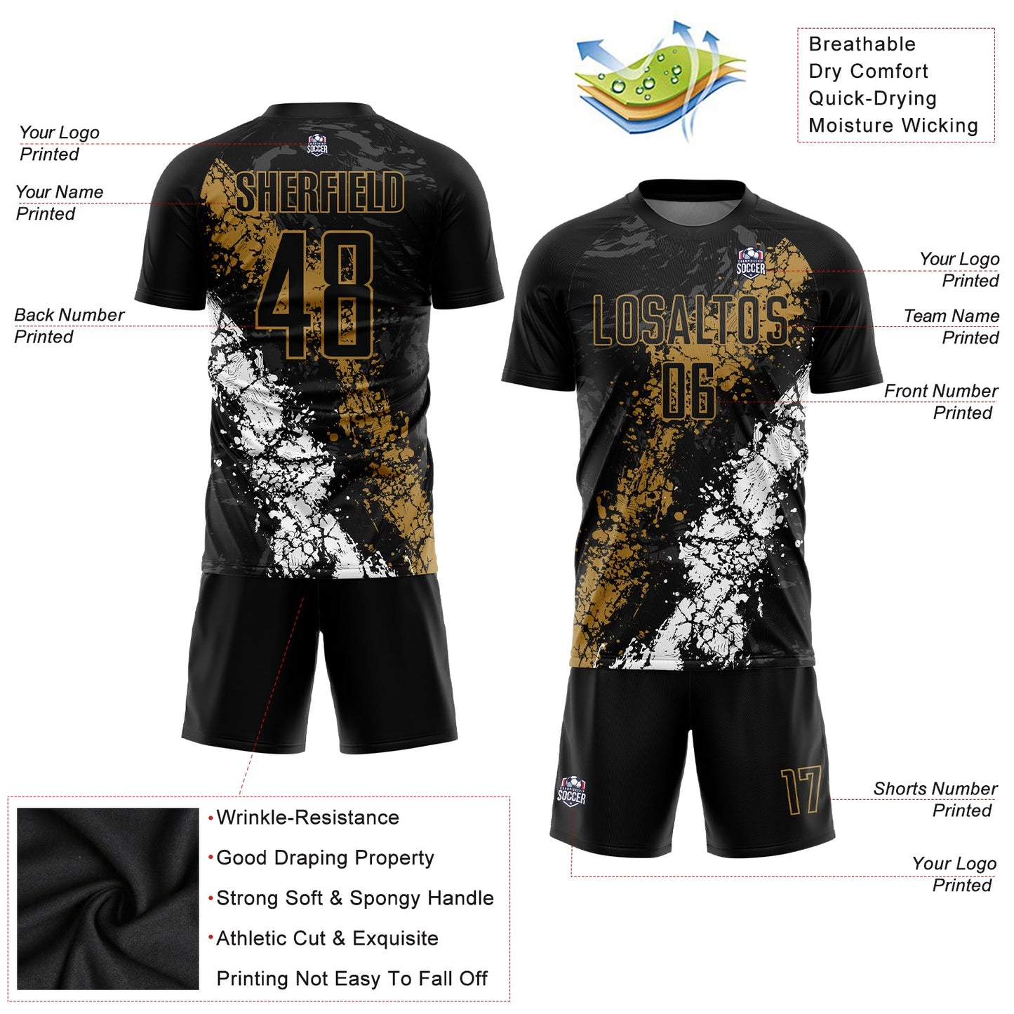 Custom Black Old Gold-White Sublimation Soccer Uniform Jersey - Sky-Custom
