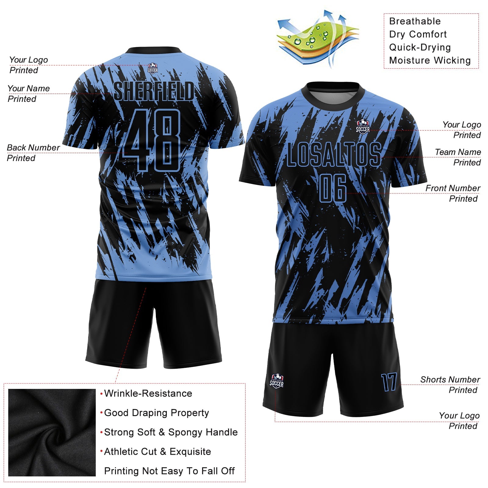 Custom Light Blue Black Sublimation Soccer Uniform Jersey - Sky-Custom