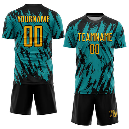 Custom Teal Gold Black Sublimation Soccer Uniform Jersey - Sky-Custom