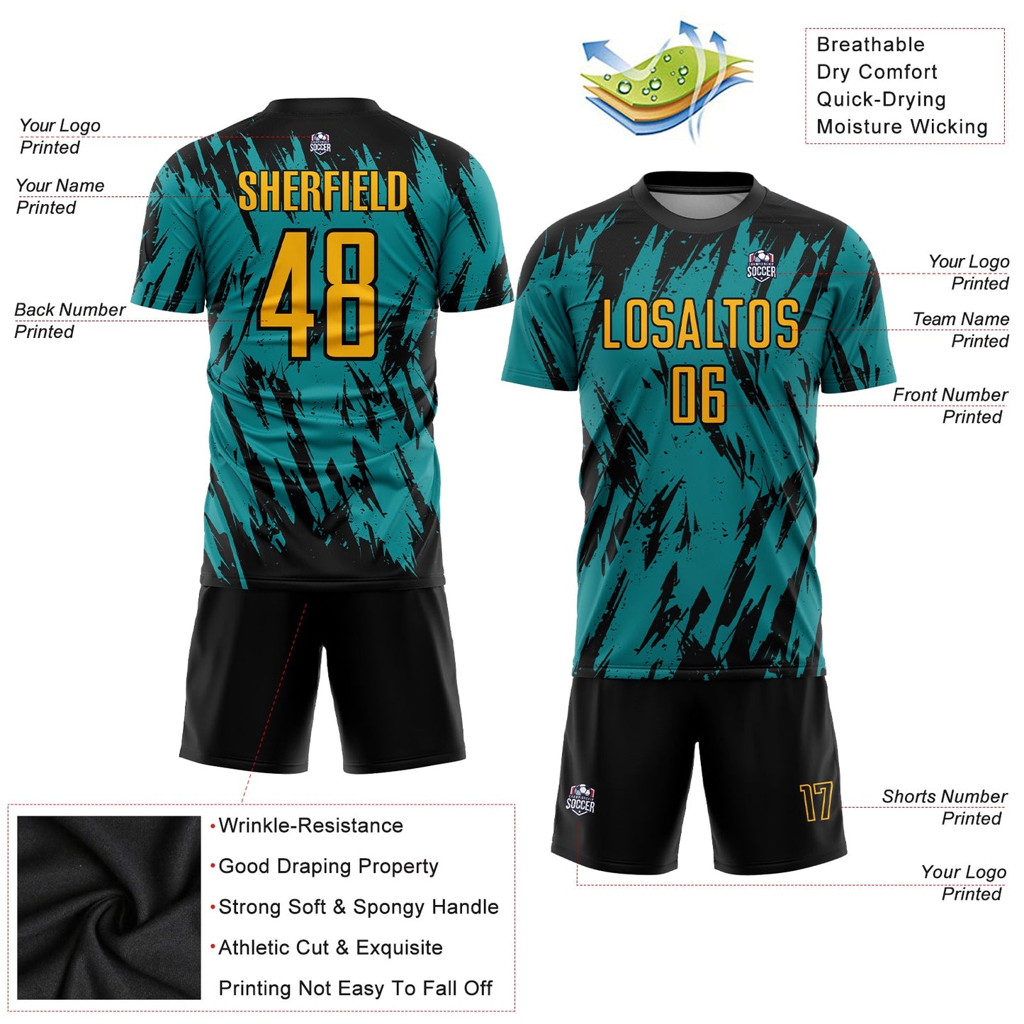 Custom Teal Gold Black Sublimation Soccer Uniform Jersey - Sky-Custom