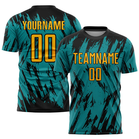Custom Teal Gold Black Sublimation Soccer Uniform Jersey - Sky-Custom