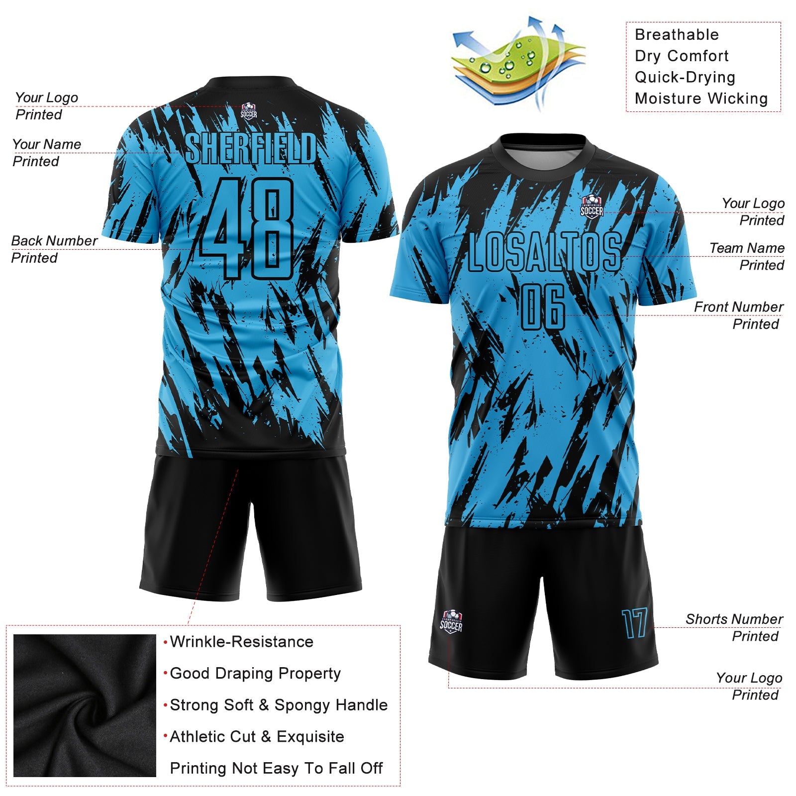 Custom Sky Blue Black Sublimation Soccer Uniform Jersey - Sky-Custom