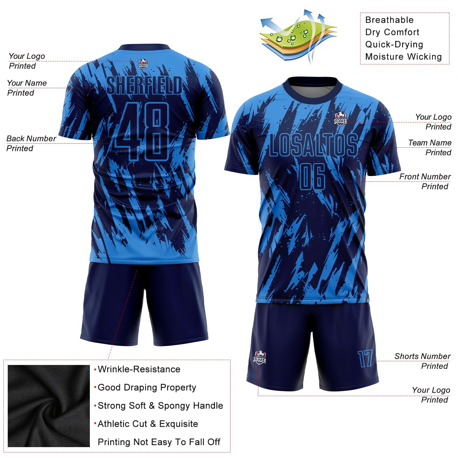 Custom Powder Blue Navy Sublimation Soccer Uniform Jersey - Sky-Custom