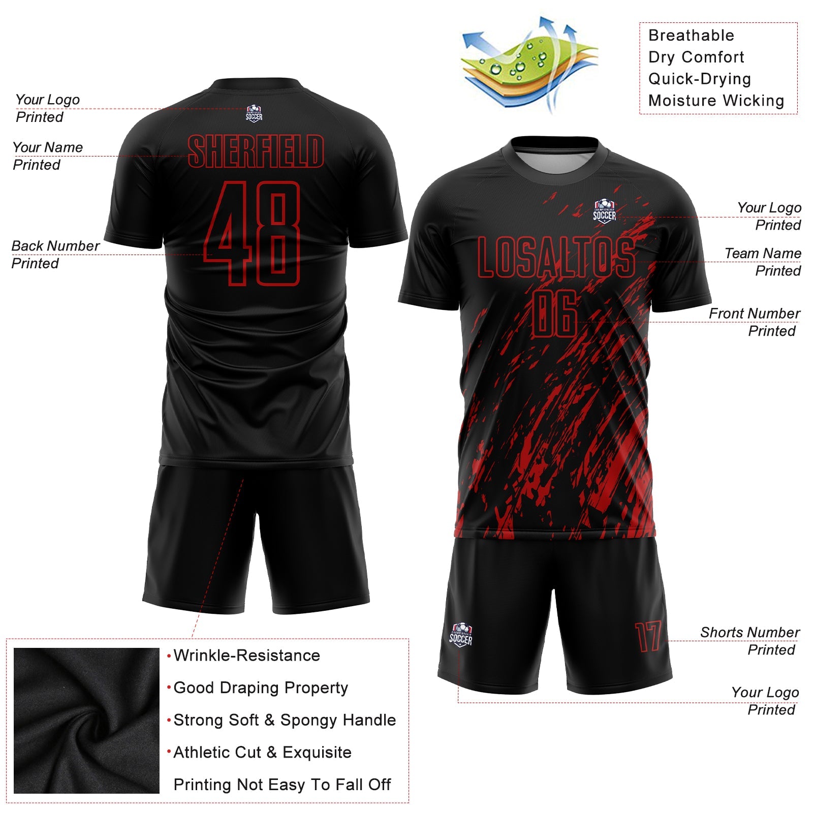 Custom Black Red Sublimation Soccer Uniform Jersey - Sky-Custom