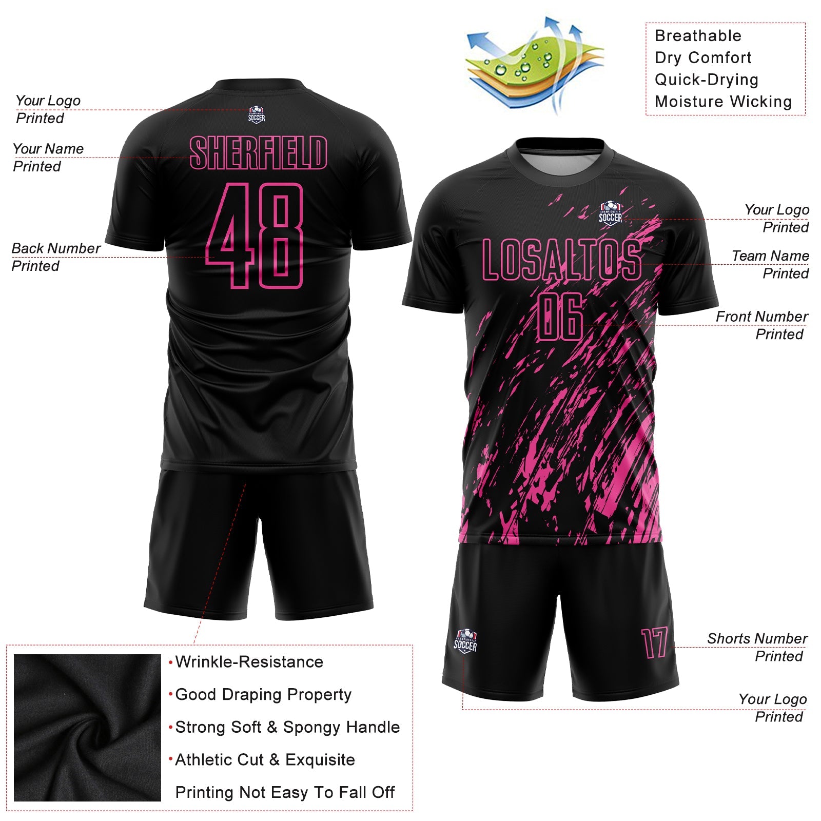 Custom Black Pink Sublimation Soccer Uniform Jersey - Sky-Custom